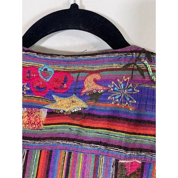 Chicos Silk Floral Jacket L Red Striped Beaded Artsy Boho Sequin Embroidery Chic - Picture 10 of 16